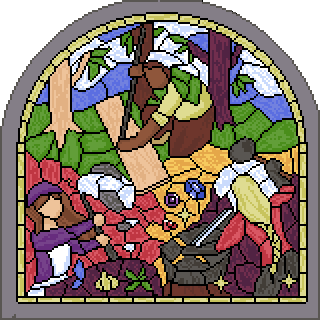 Pixel art of stained glass depicting an alchemist, a blacksmith, and a woodworker